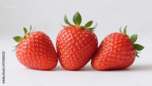 Three ripe red strawberries with green stems arranged in a row on a white background