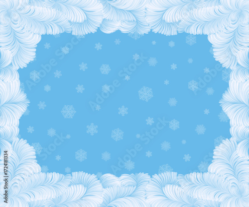 Winter background, frame with a frosty pattern, hoarfrost, and snowflakes on a window pane. Vector illustration.