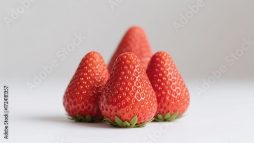 Four ripe red strawberries arranged in a cluster on a white surface