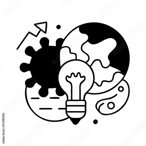 Vector art of black and white icon representing global innovation and solutions to the pandemic
