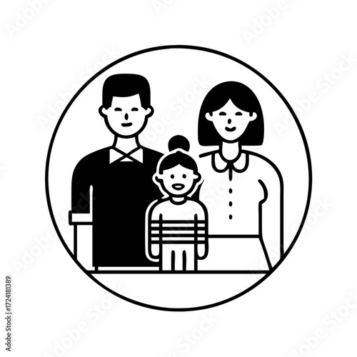 Vector art of happy family portrait father, mother, and daughter standing together in a circle
