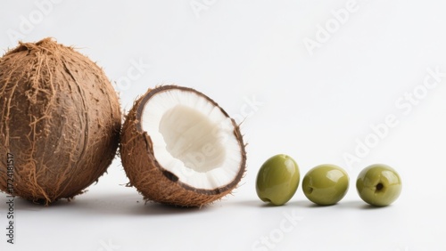 Coconut and green olives arranged on a white background