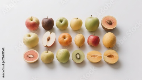 Arrangement of various whole and sliced fruits on a white background