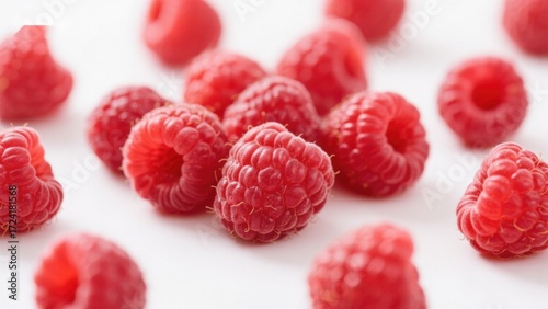 Fresh red raspberries scattered on a white background