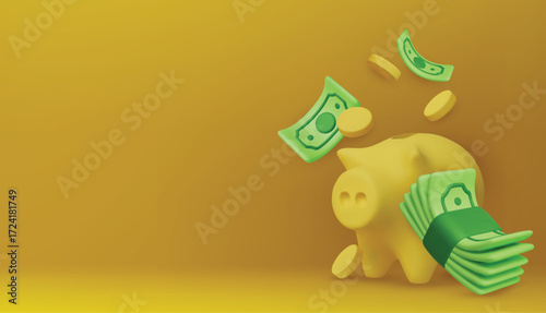 Finance concept illustration with piggy bank, coins, and banknotes, ideal for investment, saving money, and personal financial planning.