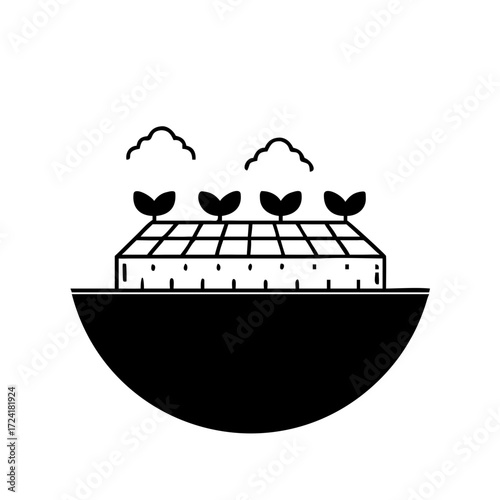 Illustration of a floating farm with plants growing, representing sustainable agriculture