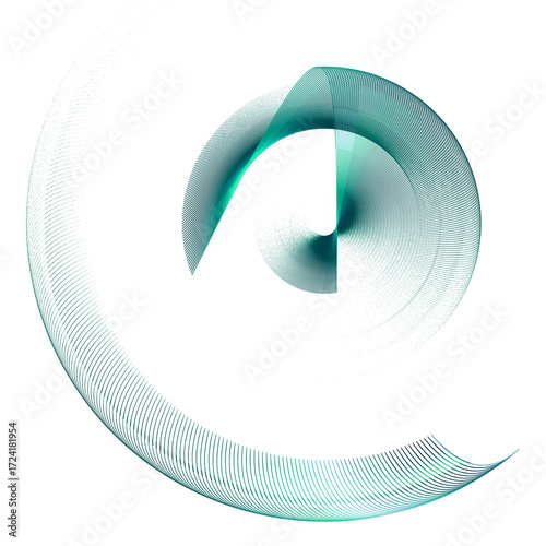 Abstract turquoise striped curved blades rotate on a white background. Icon, logo, symbol, sign. Set. 3D rendering. 3D illustration.