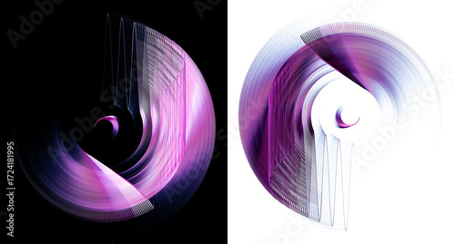 Abstract purple striped propellers with layered zigzag and curved blades spin on black and white backgrounds. Icon, logo, symbol, sign. Set. 3D rendering. 3D illustration.