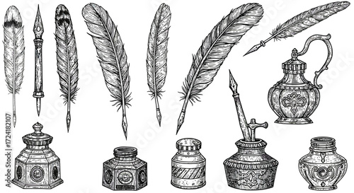 Vintage ink and quill set: detailed pen and feather collection with inkwells