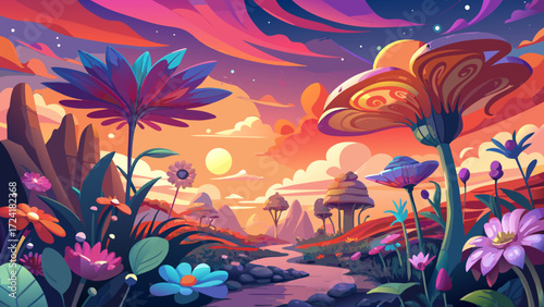 Very beautiful Surreal floral garden with giant flowers, colorful cosmos under glowing pink orange sunset sky. Dreamy landscape with vibrant colors, tranquil scenery. Ideal for fairy tale, art, fantas