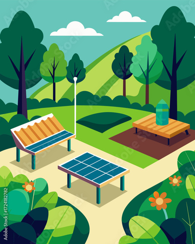 A serene botanical garden with benches topped with solar panels providing a sustainable spot for visitors to relax and recharge their devices while surrounded by nature.. Vector illustration