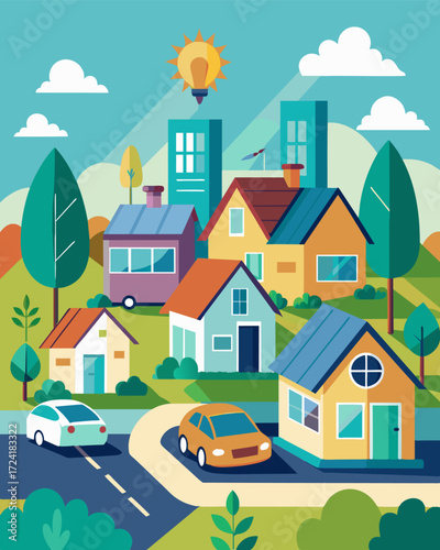 A suburban neighborhood where smart homes use solar panels to power electric vehicle charging stations promoting sustainable transportation.. Vector illustration