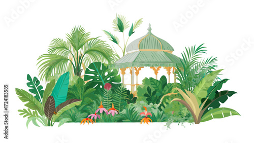 Illustration of a gazebo surrounded by lush tropical foliage and vibrant flowers in a garden area