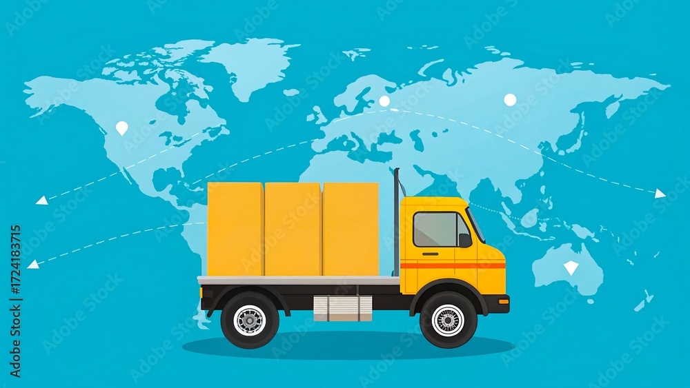 Fototapeta premium Delivery truck with cargo boxes and world map background for global shipping 