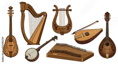 Vintage musical instruments collection with stringed varieties and ornate des…