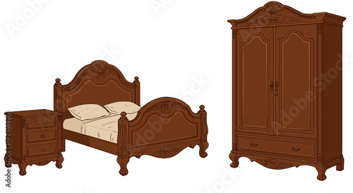 Classic wooden bedroom furniture set with bed wardrobe nightstand in vintage…