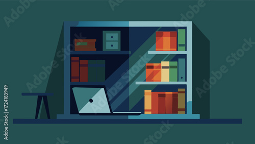 A secret room hidden behind a bookshelf holds a modern surprise a laptop sitting on a makeshift desk made of stacked crates.. Vector illustration