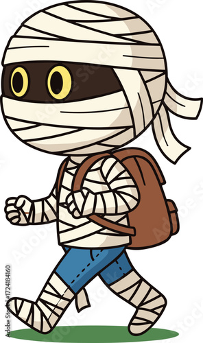 Cartoon mummy character with backpack, beige bandage costume, yellow eyes, blue pants, Halloween illustration, playful spooky design