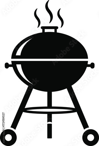 Charcoal grill silhouette illustration, black and white vector icon with heat lines, outdoor cooking symbol for barbecue design and decor