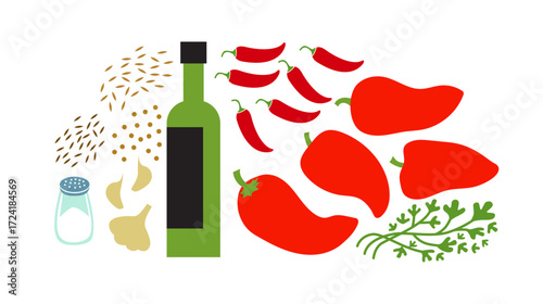 Hot pepper sauce or paste Harissa fresh raw ingredients set. Flat vector illustration isolated on white background.