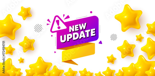 New update winner banner with 3d stars. Golden stars banner. New update paper banner. Important message tag. Exclamation mark icon. Review rate background. Vector