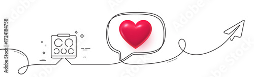 Vision board line icon. Continuous line with share plane. Oculist eye clinic sign. Optometry symbol. 3d heart in speech bubble. Vision board single line ribbon. Loop curve pattern. Vector