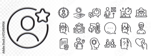 Delivery man, Fingerprint and Timer line icons for web app. Glare of light effect. Message icon. Pack of Sun protection, Hold heart, Like app pictogram icons. Vector