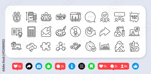 Chemistry lab, Work home and Education idea line icons pack. Social media: share, comment, like icons. Diploma, Open mail, Calculator web icon. Approved, Puzzle, Chemistry molecule pictogram. Vector