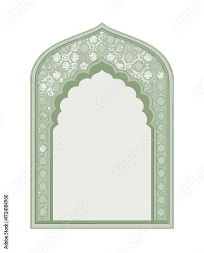 Ornate archway mirror with floral design and scalloped inner frame in a soft green hue on white backdrop
