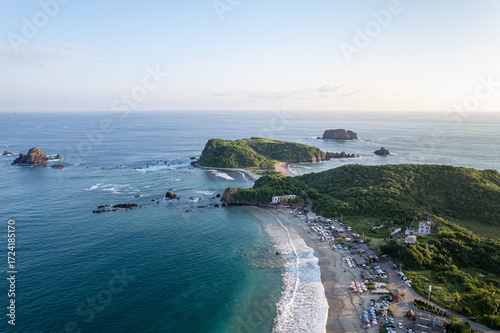 Bay of Tenacatita, aerial view of Tenacatita beach,  La Huerta, Jalisco, Costalegre, costa alegre, tómbolo, Peninsula, Península. 