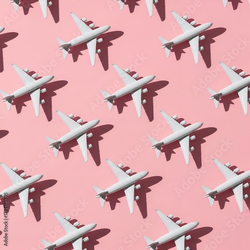 Seamless pattern of white toy fighter jets arranged on a pastel pink background