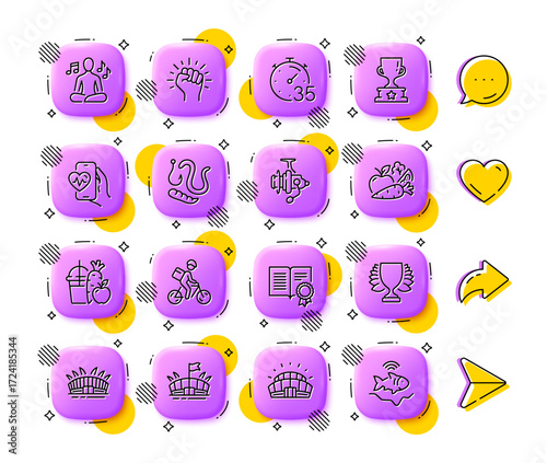 Sports stadium, Yoga music and Arena stadium line icons. App 3d buttons. Social media comment, share, like icons. Pack of Cardio training, Fishing reel, Delivery bike icon. Vector
