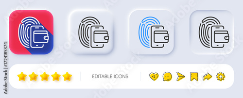 Wallet line icon. Neumorphic, Flat shadow, 3d buttons. Money purse sign. Fingerprint cash symbol. Line wallet icon. Social media icons. Vector