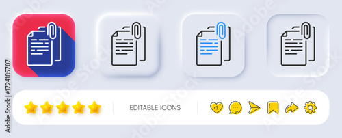 Document attachment line icon. Neumorphic, Flat shadow, 3d buttons. File with paper clip sign. Office note symbol. Line document attachment icon. Social media icons. Vector