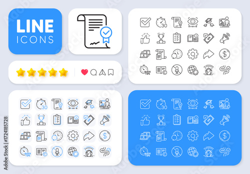 Accepted payment, Greenhouse and Documents line icons for web app. Message, Share, Like social media icons. Pack of Checklist, Timer, Winner podium pictogram icons. Vector