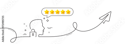 Face accepted line icon. Continuous line with share plane. Access granted sign. Unlock system symbol. Five star rate review in speech bubble. Unlock system single line ribbon. Vector