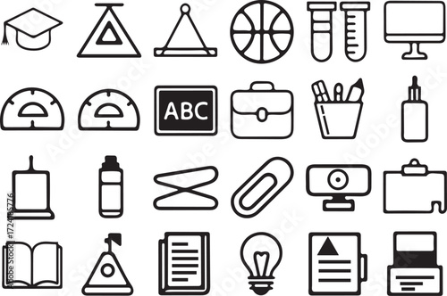 Collection of Educational and Office Supplies Icons in Outline Style graduation cap triangle ruler