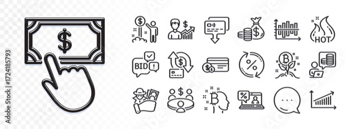 Card, Payment click and Income money line icons for web app. Glare of light effect. Message icon. Pack of Business growth, Bitcoin project, Coins bag pictogram icons. Vector
