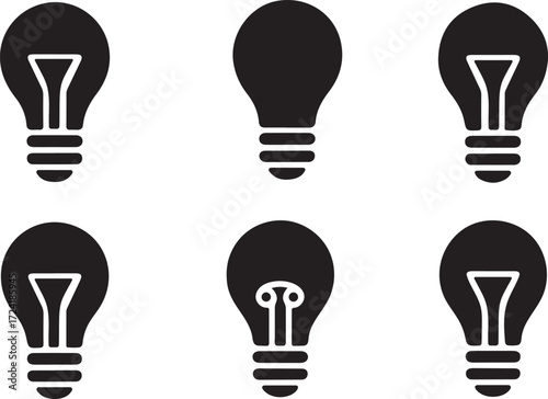 Six Black Light Bulb Icons With Different Filament Designs Keywords: light bulb, lamp, idea, innovation, creativity, inspiration, symbol, icon, graphic, design, vector, silhouette, black, white