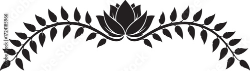 Black Silhouette of a Symmetrical Floral Border with Lotus Flower and Leaves white background