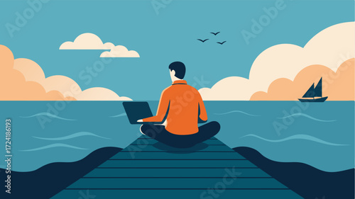 A lone figure sits at the edge of a wooden pier laptop open on their lap writing in sync with the rhythm of the waves.. Vector illustration