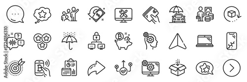 Wallet, Return package and Voicemail line icons pack. Share, Message, Paper plane icons. Laptop, Stars, Forward web icon. Report, Get box, Star pictogram. Vector