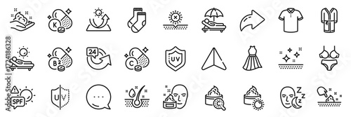 Uv protection, Skin care and Sleep line icons pack. Share, Message, Paper plane icons. Sun protection, Sun cream, Sunbed web icon. Bathrobe, Face cream, Collagen skin pictogram. Vector