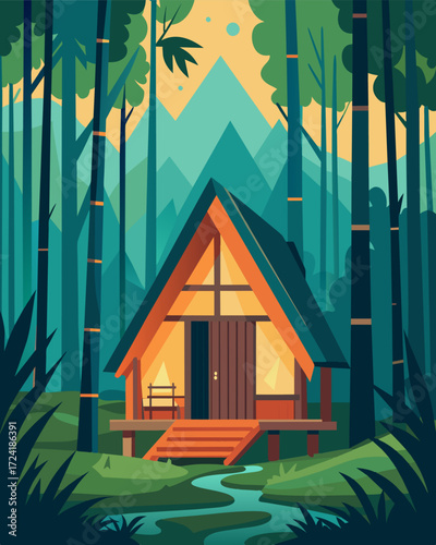 A cozy and inviting bamboo cabin set amidst a dense forest the perfect setting to disconnect from the outside world and focus on remote work.. Vector illustration