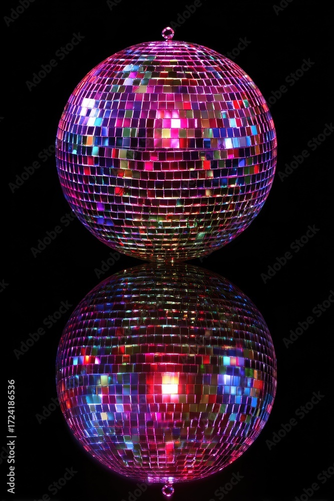 Obraz premium Colorful Disco Ball Reflecting Light Against a Black Background for Dance and Party Themes
