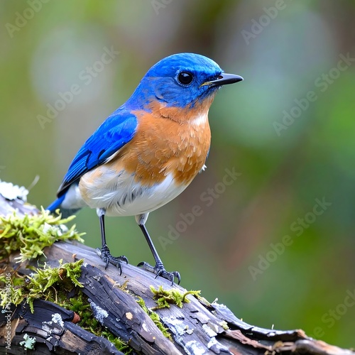 A vibrant blue bird perched on a log