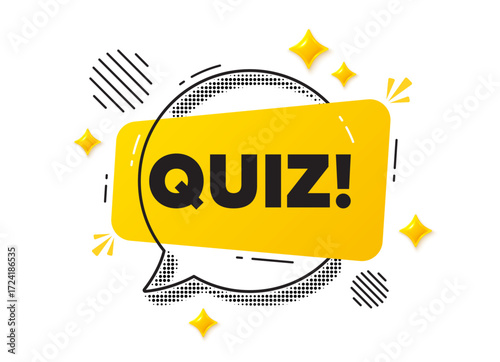Quiz chat speech bubble. Social media concept. Quiz tag. Answer question sign. Examination test symbol. Yellow chat message. Offer speech bubble. Glare 3d stars. Vector