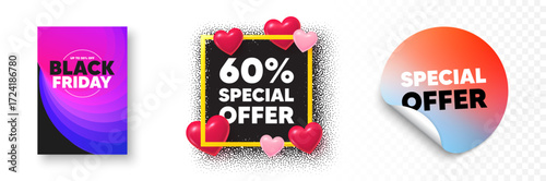 Discount photo frame 3d hearts. Special offer sticker banner. 60 percent discount offer tag. Sale price promo sign. Special offer symbol. Black friday poster. Promo background. Vector