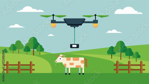 A drone equipped with LiDAR technology scanned a pasture measuring the height and density of grass to help farmers plan grazing rotations for their livestock. This precision. Vector illustration