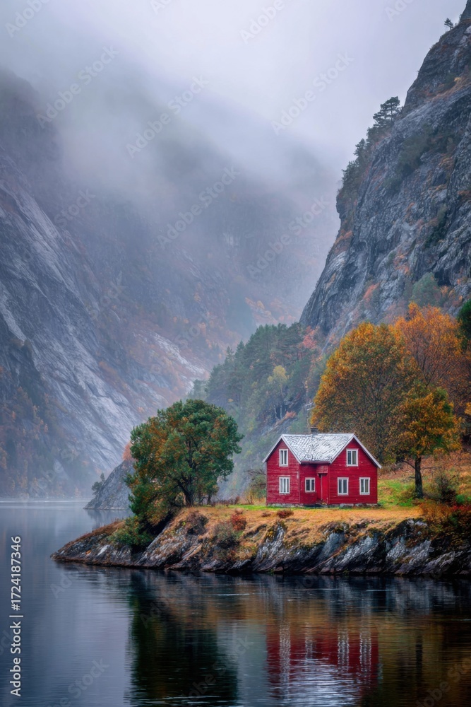 Fototapeta premium Colorful red house sits on the edge of a calm fjord surrounded by misty mountains and autumn trees in Norway during a foggy day